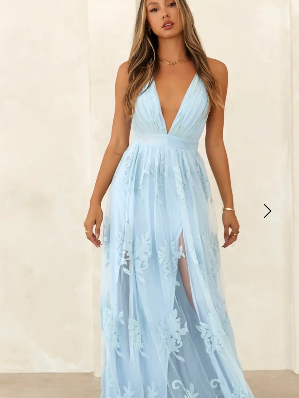 Tulle Powder Blue Plunging V-Neck Maxi Dress